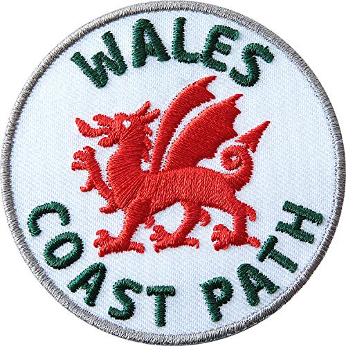2 x Abzeichen gestickt 60 mm/Wales Coast Path/Küsten-Wanderweg Trekking Pfad Reise Flagge Wappen Drache/Aufnäher Aufbügler Flicken Sticker Patch/Reiseführer Wandern Buch Karte England