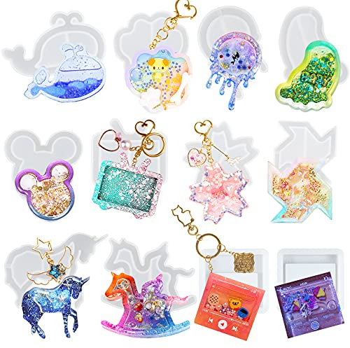 Epoxy Resin Shaker Silicone Moulds Quicksand Casting Set Mouse Head, Flower, Footprint, Dolphin, Windmill, Unicorn, Bear's Paw, TV, Rocking Horse, Drippy Circle, Media Players 12-Count