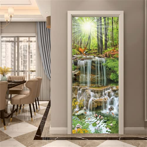 FLFK 3D Türtapete Selbstklebend TürPoster 77x200cm-Sonnenschein Waldhirsch Türaufkleber Abziehen und Aufkleben Mauer Aufkleber Zuhause Dekor(2 Stk/Set)