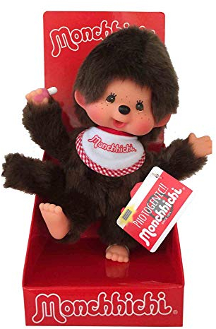 Sekiguchi 255177 - Original Monchhichi Junge, Plüschfigur mit weiß-rotem Lätzchen, ca. 20 cm großes Kuscheltier aus braunem Plüsch
