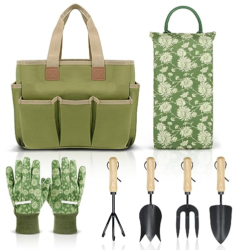Colwelt Gartengeräte-Set, 8-teilig, Gartengeräte mit Holzgriff, einschließlich Gartentasche, Kniepolster, Handschuhe, Gartenschere, Kelle, Tulpenkelle, Grubber – Gartengeschenke für Damen und Herren
