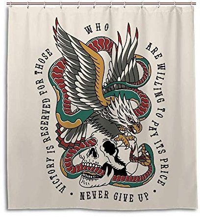 Kuizee Bathroom Shower Curtain 60 x 72 Inch with 12 Hooks Eagle Fighting Snake Skull Traditional Tattoo Style Bathtubs Waterproof Shower Curtains Set Fabric Decor Easy Install