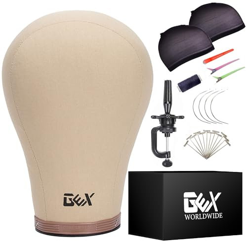 GEX 22.5 Canvas Block Cork Wig Mannequin Head for Wig Making Drying Styling Display with Table C Stand Clamp Holder&GEX Wig Grip&Pins(Light Brown 22.5)