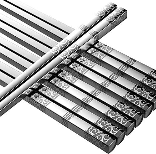 TINMARDA Palillos de metal reutilizables, 5 pares de palillos de acero inoxidable, aptos para lavavajillas, cuadrados, ligeros, antideslizantes, juego de regalo (plateado)