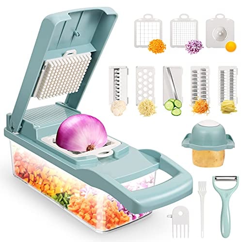 Vegetable Chopper,Senbowe Multifunctional 13-in-1 Food Choppers Onion Chopper Slicer Cutter Dicer Veggie with 8 Blades,Colander Basket,Container for Salad Potato Carrot Garlic, Blue +White