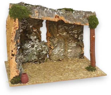 KORAT Capanna Presepe Vuota in Legno, Sughero e Muschio – 3 Dimensioni Disponibili (Piccola, Media, Grande) – Capanna Artigianale per Natività – Decorazione Natalizia (Grande - 42x28x30 Cm)