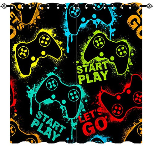 YUANZU Gamepad Curtains - Kids Abstract Colorful Silhouette Gamer Joystick Game Print Pattern Eyelet Blackout Room Darkening Window Drapes for Boys Teen Bedroom Playroom 2 Panels W117cm x D137cm