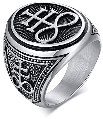Satanischer Siegelring Herren, Geschenke Edelstahl Siegel des Leviathan Kreuz Symbol Punk Biker Ring für Männer Männer Kirche der Dämon Teufel Satan Ringe, Amulett Schmuck für Männer, Größe 59 (18.8)