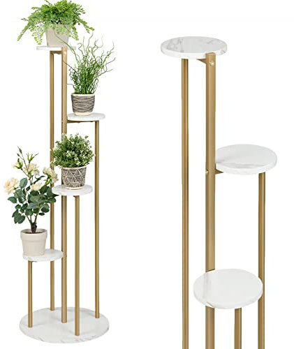 RELAX4LIFE Étagère à Fleurs à 4 Niveaux Moderne, Support de Pots avec Support Doré Placard Étanches, Porte-Plantes Extérieur Intérieur pour Jardin Balcon Terrasse (Blanc Doré)