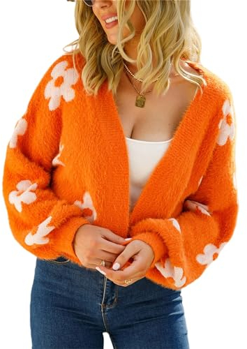 HEYPORK Damen Herbst Winter Warm Bequem Pullover Casual Mode Strickjacke Strickpullover Frauen Herbst Strickjacke StraßE Hipster Kurz Gestrickt Pullover Blumen Pullover(Orange, M)