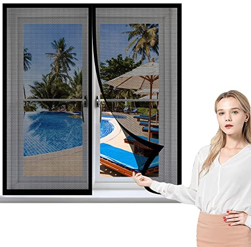 Moustiquaire Fenêtre Magnétique 115 x 155 cm, Moustiquaire Porte Fenetre Rideau, Sans Perçage pour La Plupart des Fenêtres, Noir
