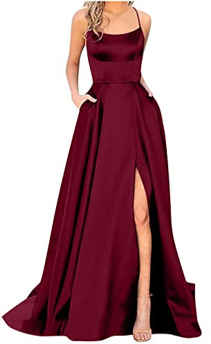 AMhomely Women's Party Long Dresses Gown Sexy V-Neck Spaghetti Strap Satin Evening Dress Elegant Floor Bridesmaid Cocktail Night Dress Prom Dress Spaghetti Straps Dresses Evening Party Gowns