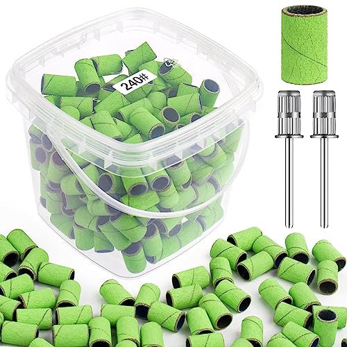 Grehge nding Bandas para taladro de uñas 240 Grit Extreme Fine Nail Sanding Bands 200 unidades Green Professional Sanding Bands and 2pcs Nail Drill Bits for Acrylic Nails Gel Manicures and Pedicure