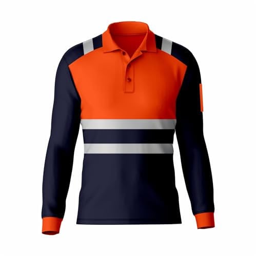 Hi Vis High Visibility Reflective Tape Safety Contrast Polo Shirt Long Sleeve Workwear Tee Tshirt Top Orange Navy