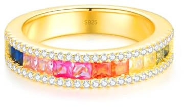 Halb-Regenbogen Ring aus 925 Sterlingsilber mit Buntstein-Verzierung umrahmt von glitzernden Zirkonia Steinen, Farbenfroher Luxus Damenring mit Bunten Steinchen für Frauen und Damen (Gold, 50)