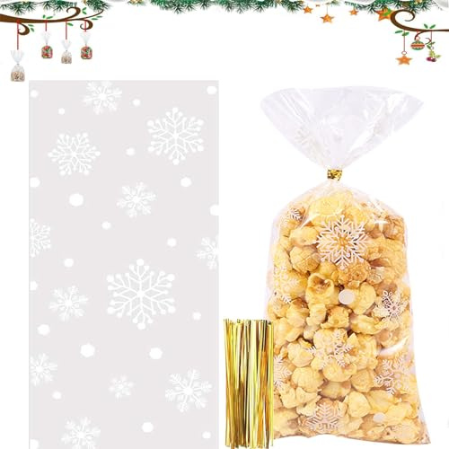 Geschenktüten Weihnachten,100 Stück Weihnachten Plätzchentüten,Schneeflocke Cellophantüten Transparent Candy Bar Süßigkeiten Tüten mit 100stück Twist Krawatten für Bonbon Plätzchen