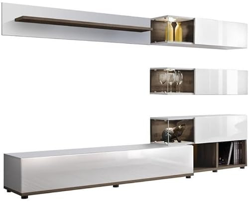 All4All Wohnwand Nicoletta - Wohnzimmermöbel - Schrankwand für Wohnzimmer - Wohnzimmerschrank mit Glasvitrinen - Anbauwand Klein - Modern - Perla Grau/Wellington Eiche 21
