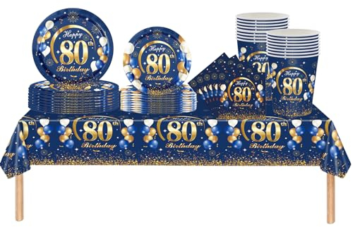 69pc Navy Blue Gold 80th Birthday Decorations Set for Table: Tablecloth, Paper Plates, Napkins, Cups for Him & Her