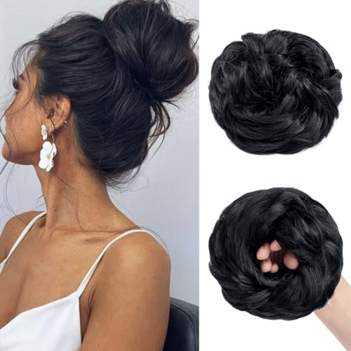 TESS Haarteil Mit Gummiband 55g, Gelockt Haargummi Mit Haaren, Schwarz, Groß Dutt Haarteil Haardutt Synthetisch Haarverlängerung für Damen Mädchen