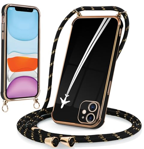 Buoluoioir Funda para iPhone 11 6,1 Cuerda, TPU Suave Silicona Anti-Choque Case con Colgante Movil Ajustable Cordón para iPhone 11, Carcasa con Diseño de Borde Dorado -Avión