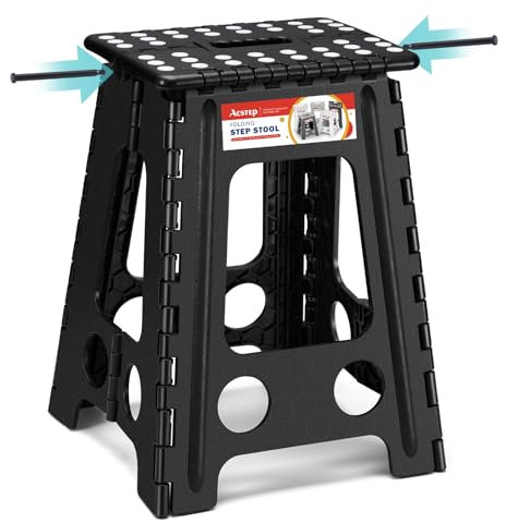 ACSTEP Klappbarer Tritthocker, 44 cm, robuster Tritthocker, faltbar für Erwachsene und Kinder, zusammenklappbarer Tritthocker mit Griff, rutschfeste Klapphocker für Küche, hält bis zu 180 kg (Schwarz,