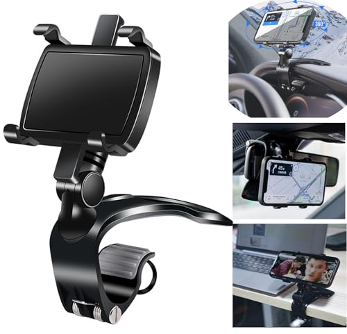 JJKTO Car Phone Mount Holder Clamp 360°Rotation,Multifunction Dashboard Rearview Mirror Sun Visor Cell Phone Holder，with Adjustable Spring Clip，for Multifunctional 4.7-7.2 Inch Smartphones