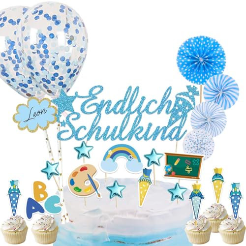 25 Stück Schulanfang Tortendeko, Tortendeko Einschulung, Einschulung Deko Kuchen Papierfächer für Junge und Mädchen Schulanfang Party Dekoration (Blau)