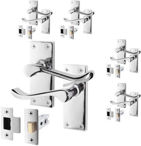 EAI Polished Chrome Victorian Scroll Door Handle Latch Set | 5 Pairs of Internal Lever Handles on Backplate & Latch (64mm)