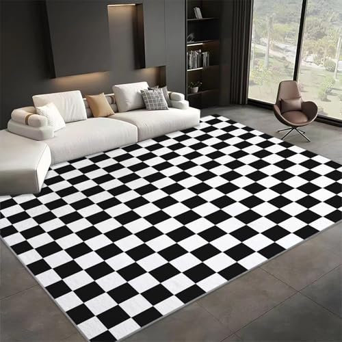 Tapis Salon Moderne 160x230cm Damier Noir Et Blanc Tapis de Chambre, Doux Antidérapant Tapis Lavable en Machine, Adulte Enfant Tapis Poil Ras Intérieur