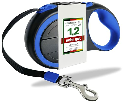 DOMOPRIMA Hunde Rollleine in 3 Größen (S,M,L) und 4 Farben (grau, blau, grün, pink) - Robuste und sichere Hundeleine für kleine, mittlere und große Hunde mit reflektierendem Gurt (Blau, S)