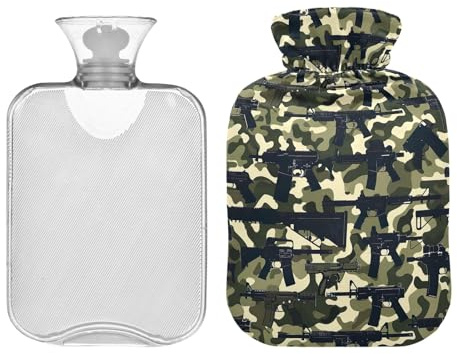 Classic Hot Water Bottle with Cover Dark Green Camouflage Hot Water Bag Warm Water Bag Pouch for Pain Relief Hot and Cold Therapies 1 Liter
