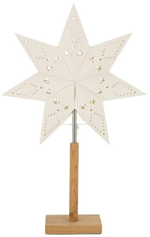 LED Universum - Papier Weihnachtsstern Tischleuchte Standstern weiß Holzfuß Dekostern mit Kabelschalter, E14 Fassung max 25W (ohne Leuchtmittel) 55cm Höhe (weiß/Holz - eckiger Fuß, 1 Stück)