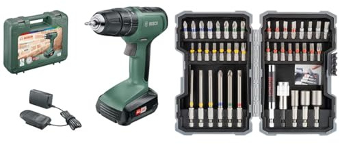 Bosch Home and Garden Cordless Combi Drill UniversalImpact 18 (1 battery, 18 Volt System, in carrying case) + 43-piece Screwdriver Bit & Nutsetter Set (drill accessories)