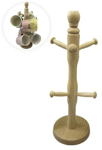 AOC24 - Kitchen Mug Tree & Towel Paper Roll Holder - Wooden 6 Cup Mug Tree Holder - Beechwood Kitchen Countertop Storage Rack - Paper Roll Towel Stand Holder - (Mug Tree)