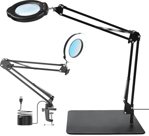 Upgrade 15X Magnifying Glass with Light, LED Desk Lamp with Base and Clamp, 5 Color Modes, 10 Stepless Dimmable, 84 LEDs, 4.2 Diameter Real Glass Lens LED Magnifying Glasses for Reading Work Repair