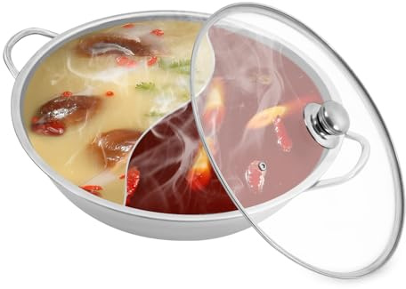 QUIOTUIR Hot Pot Elektrisch Edelstahl Zwei Felder 34cm mit Glass Lid Divider und Handgriff Chinese Electric Hot Pot Kochen Suppe Topf Kochgeschirr für Hotels, Restaurants, Privathaushalten Usw