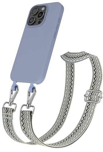 EAZY CASE - Hülle mit Band kompatibel mit iPhone 16 Pro Handyhülle für iPhone 16 Pro Schutzhülle Silikonhülle mit Handykette zum Umhängen 2in1 Hülle Handykordel Wellen - Beige Blau Metall Silber