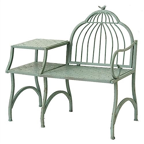 Bancs d'extérieur Banc de jardin extérieur de 37,4 avec table d'appoint à 2 niveaux, banc de loisirs d'arrière-cour en fer rustique rétro, chaise de table basse de balcon en métal vert antique Banc d