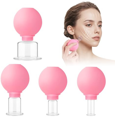Horuili® Set de 4 ventouses en verre avec balle aspirante en silicone | Ventouses de massage sous vide pour le visage | Set de ventouses réutilisables pour tout le corps