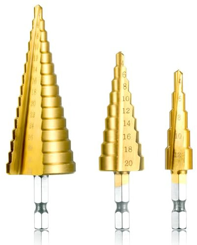HSS Stufenbohrer Set, 4-32mm, 3-teilig, Titan-beschichtet, Sechskantschaft 6,35mm, für Metall/Holz/Kunststoff