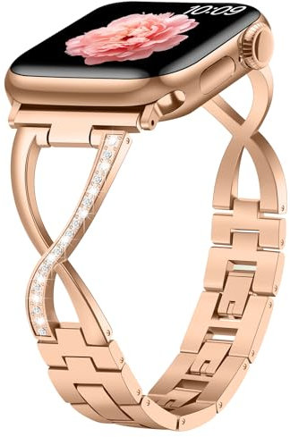 Sixmoat Métal Band Compatible avec Apple Watch Bracelet pour Femme 38mm 40mm 41mm 42mm(Série 10), Pailleté Élégant en X Bracelet pour iWatch SE Série 10 9 8 7 6 5 4 3 (Or Rose)