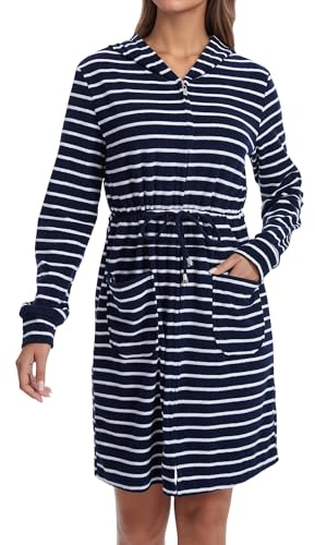 Mnamo Damen Frottee Bademantel Gestreift mit Kapuze Reißverschluss mit Gürtel Weicher Mikrofaser Langarm Morgenmantel Dunkelblau-weiß M
