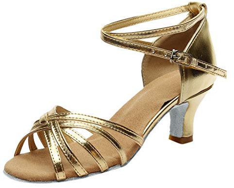 5CM Donna Punta Aperta Tacchi Bassi Sandali Latino Scarpe Da Ballo Professionale Pratica Gattino Pompe DRegolabile Cinturino Alla Caviglia Scarpe Da Ballo, Oro, 38 EU