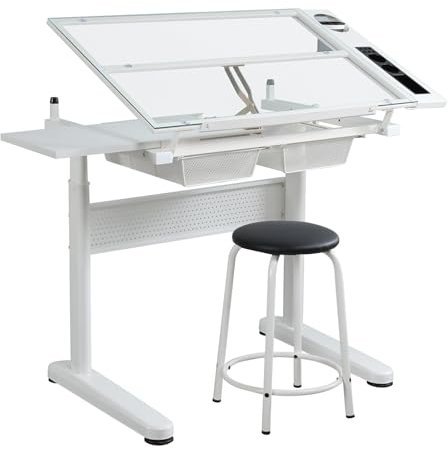 Verstellbarer Zeichentisch mit geneigter Glasplatte, Seitenverlängerung und Stauraum, inklusive Hocker, vielseitiger Kunst- und Arbeitsplatz