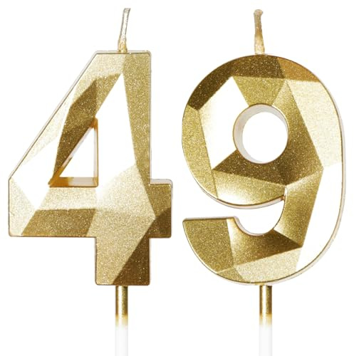 Yiran Gold 49th Birthday Candles, Gold Number 49 Happy Birthday Candles, Cake Topper Decorations for Birthday Party, Wedding Anniversary Celebration Supply
