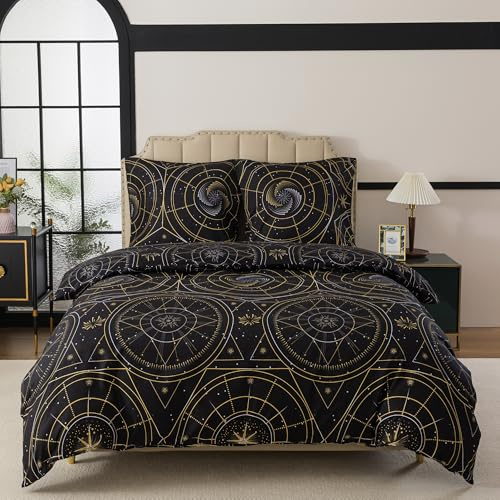 WUMIUER Bettwäsche 155x220 2teilig Bettbezug Schwarz - Gold Astrolabium Muster Bettwäsche-Set 155 x 220 cm und 1 Kissenbezug 80x80cm mit Reißverschluss, Weich Leicht Bettdeckenbezug Kinderbettwäsche