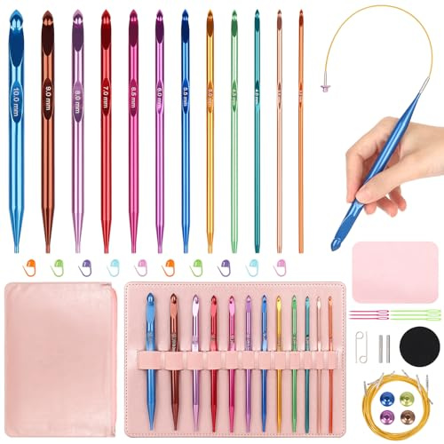 Aeelike Tunesische Häkelnadel mit Seil, 3,0-10mm Austauschbare Tunesische Häkelnadeln, 12 Metall Tunesisch Häkeln Set Interchangeable, 40cm/60cm/80cm/100cm Tunisian Crochet Hooks für Anfänger
