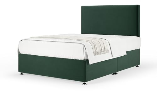 Bedmaster Plush Velvet Divan Base With Storage And Plain Headboard - Colour And Size Options (Green No Drawer, Double)