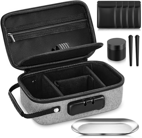 Smell Proof Bag with Accessories, Lockable Smell Proof Container Stash Box | Elegant Grey, EVA, Lock, Complete Kit Includes 5 Smell Proof Baggies, 2 Conical Tubes, Smell Proof Jar and Storage Tray