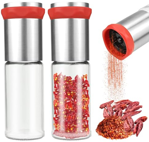 Macinino peperoncino, 2 pezzi da 170 ml, in acciaio inox e vetro, peperoncino, macina spezie, macina noce moscata, macinaspezie chil, tritatutto per varie spezie come pepe, sale e peperoncino